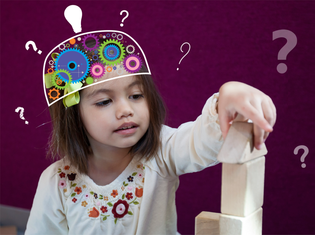 Young girl surrounded by question marks
